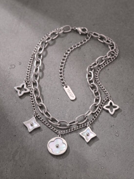 NKULTD Jewelry - 18K White Gold SS MOP Geometric Charm Bracelet Double Chain Quiet Luxury Adj